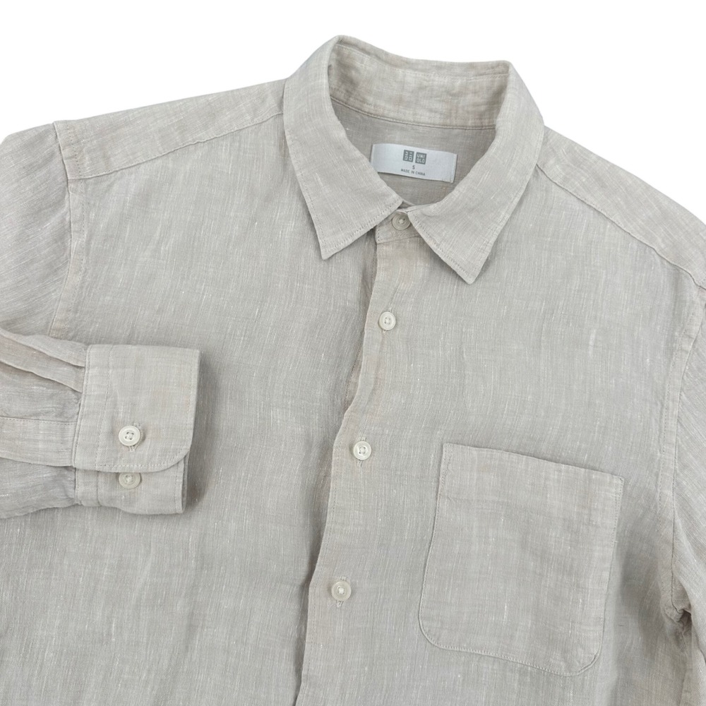 Uniqlo Premium Linen Shirt Mens Small Beige Tan Long Sleeve Button Down 455957